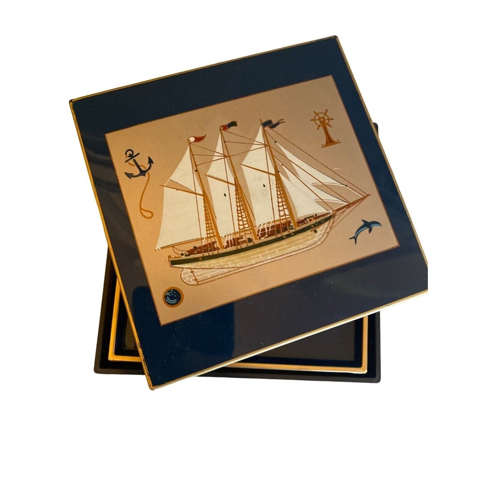 Otagiri Blue Plastic Desk Set Clipper Sailing Ship Coasters Tray Set - Picture 3 of 9